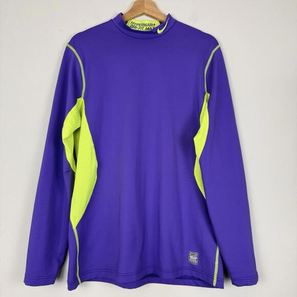 Nike Pro Combat Hyperwarm Dri-Fit Max Shirt Purple Neon Yellow Size L Fitted Y2K - Picture 1 of 8